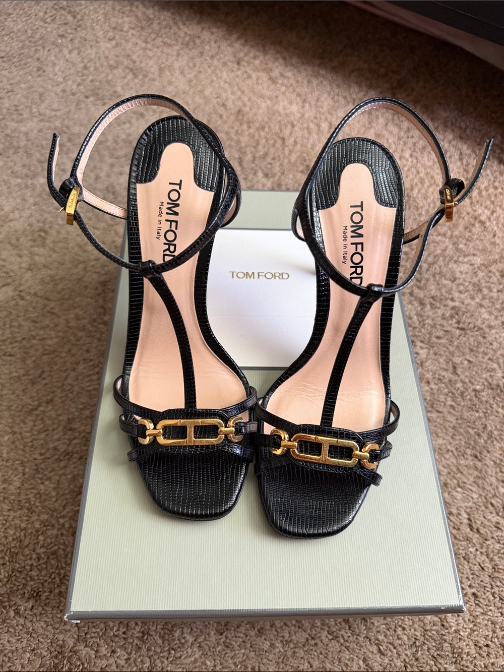 Tom Ford | Black Leather T-Strap Heels with Gold Hardware Accents